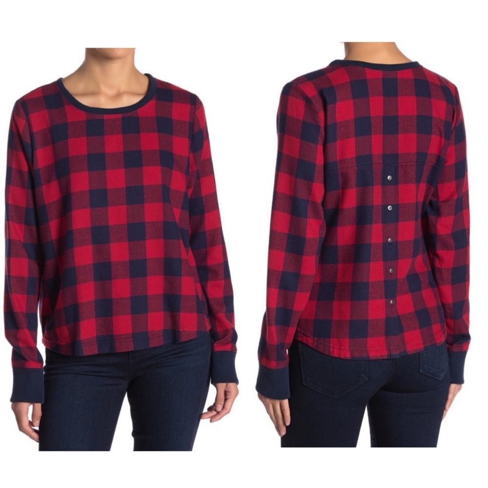Melrose & Market | Buffalo Plaid Sweater Navy Red Button Back Vent Crewneck L